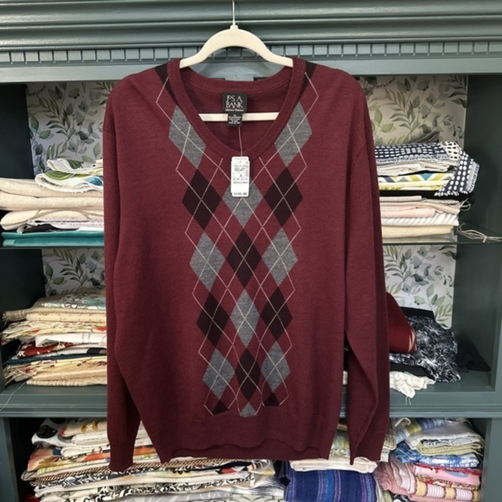 Jos A Bank Sweater Mens‎ XL Maroon 100% Merino Wool Argyle Pullover Stretch NWT